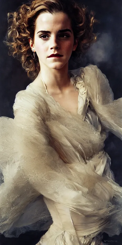 Image similar to emma watson smiling detailed portrait curly updo painting by gaston bussiere craig mullins j. c. leyendecker photograph by richard avedon peter lindbergh annie leibovitz