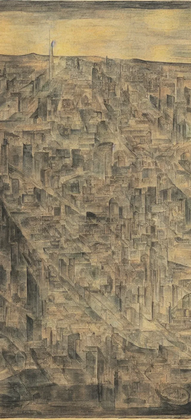 Image similar to a cityscape by william blake, muted colors,