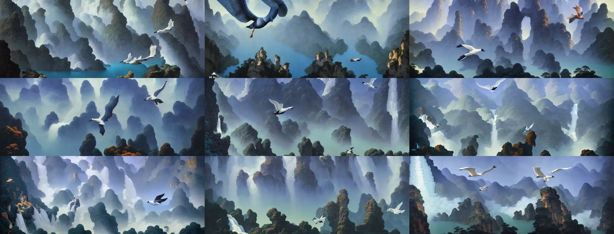 Image similar to flying wild goose arraya through the clouds. gorgeous aerial view painting by barlowe wayne maxfield parrish and marco mazzoni. sapa in china. grey blue. ultra clear detailed. 3 d, octane render. waterfall. turbulent blood lake. 8 k