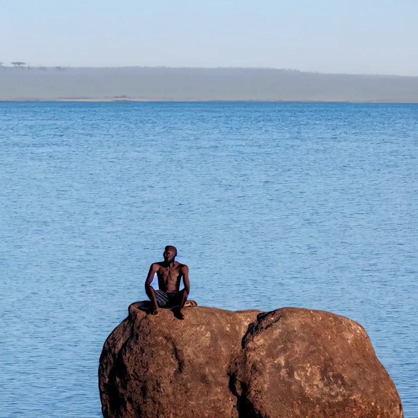 Image similar to an african man with wings sitting upon a large rock in the middle of a calm lake.