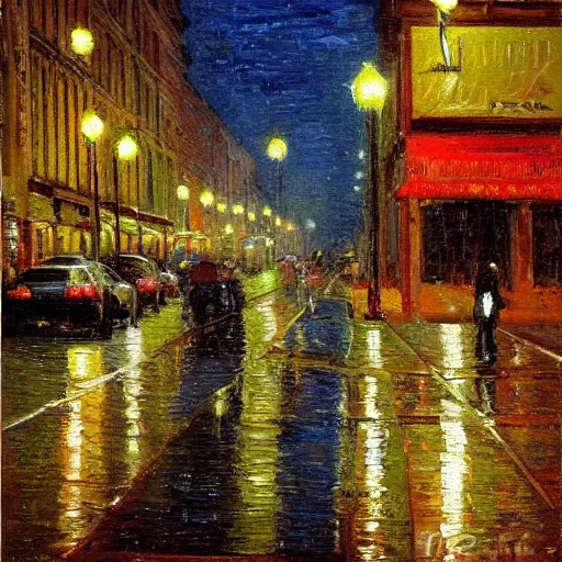 Prompt: East 4th Street Cleveland in the rain at night, French impressionist painting