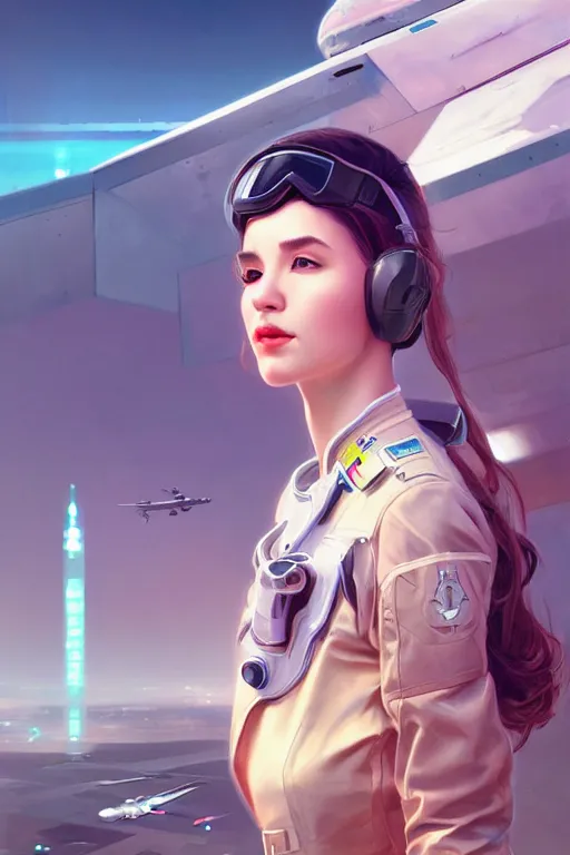Image similar to portrait futuristic Airforce pilot Girl, in future airport rooftop , ssci-fi, fantasy, intricate, very very beautiful, elegant, human anatomy, neon light, highly detailed, digital painting, artstation, concept art, smooth, sharp focus, illustration, art by tian zi and WLOP and alphonse mucha