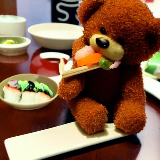 Prompt: teddy bear eating sushi