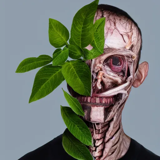 Prompt: a photo of a human with skin made of plants