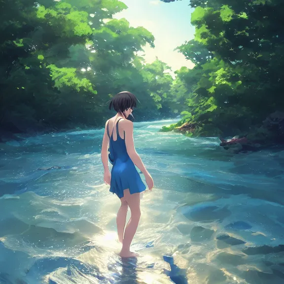 Image similar to one single girl wearing a blue full body bathing suit wading, wading weight high water, standing in a narrow river, trees bent over the river, shady, ripples, looking at the camera, front facing, inviting look, atmospheric lighting. By Makoto Shinkai, Stanley Artgerm Lau, WLOP, Rossdraws, James Jean, Andrei Riabovitchev, Marc Simonetti, krenz cushart, Sakimichan, trending on ArtStation, digital art.