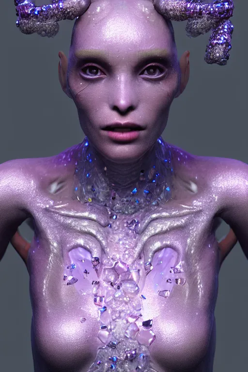 Image similar to skin concept anthropomorph, biopunk, in full growth, magical crystals, smoky crystals, translucent crystals, luminous sparkling crystals, many details, 3 d, cinematic, hyper realism, high detail, octane render
