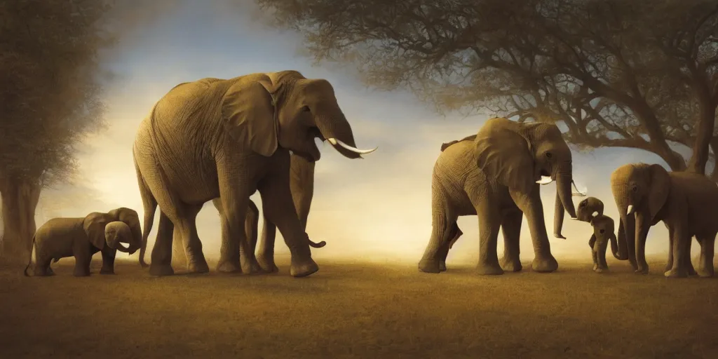 Image similar to two adult elephants comfort a baby elephant, only three elephants, rich golden hour, savannah, illustration, detailed, smooth, soft, warm, by Adolf Lachman, Shaun Tan, Surrealism