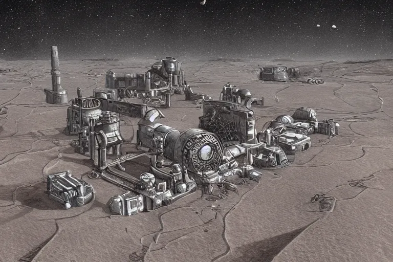 Image similar to a neverending non - euclidean factory in a bleak martian landscape, dieselpunk