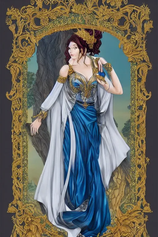 Image similar to a beautiful sorceress leaning with elegant looks, flowing robe, ornate and flowing, intricate and soft, by