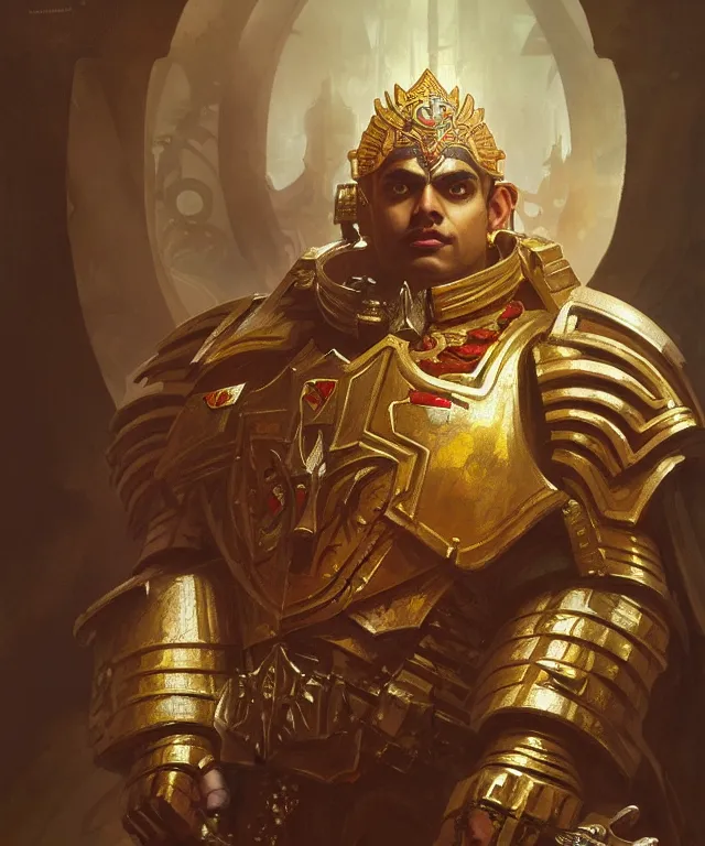 Image similar to Rishi Sunak as Warhammer 40k Emperor, portrait, fantasy, intricate, elegant, highly detailed, digital painting, artstation, concept art, smooth, sharp focus, illustration, art by artgerm and greg rutkowski and alphonse mucha