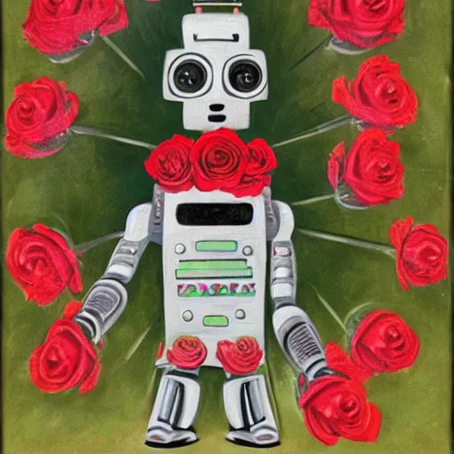 Image similar to a portrait of a robot wearing a hat full of roses, by Otto Eerelman