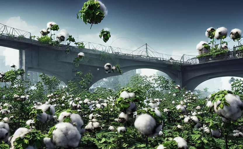 Image similar to a big bridge collapses after explosions in the form of cotton plants, 3 d octane render, epic lighting, 8 k, by goro fujita