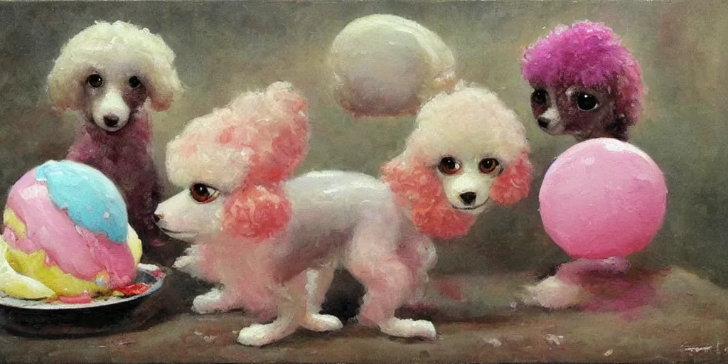 Image similar to bubble gum ice cream made in the shape of 3 d littlest pet shop poodle, realistic, melting, soft painting, forest, desserts, ice cream, master painter and art style of noel coypel, art of emile eisman - semenowsky, art of edouard bisson