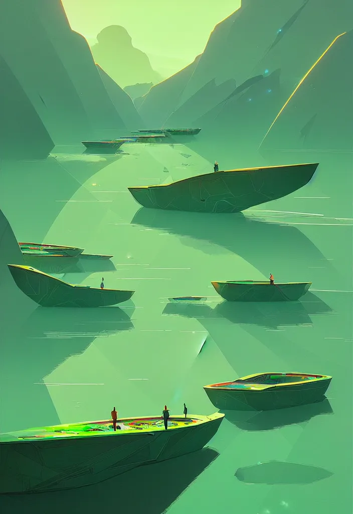 Prompt: by moebius and atey ghailan | a bright green river with clear crystal boats moving up and down it |