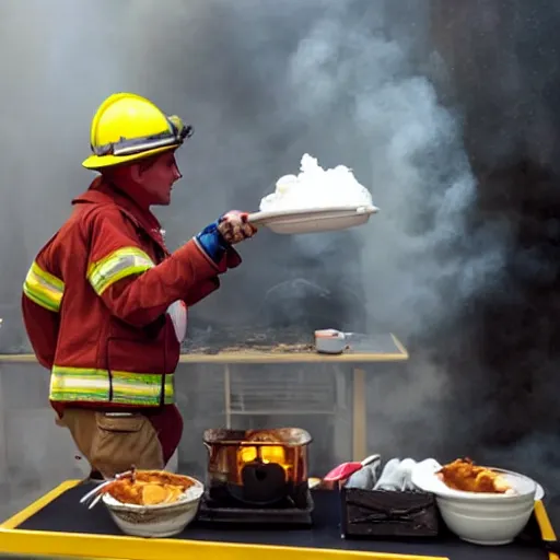 Prompt: firefighter serving icecream in a room that is on fire 🔥