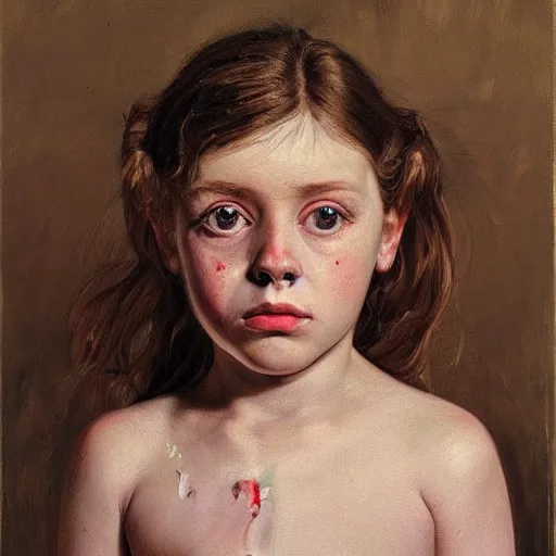 Prompt: high quality high detail painting by lucian freud, hd, beautiful young girl portrait, big eyes, alizarin crimson and white, photorealistic lighting