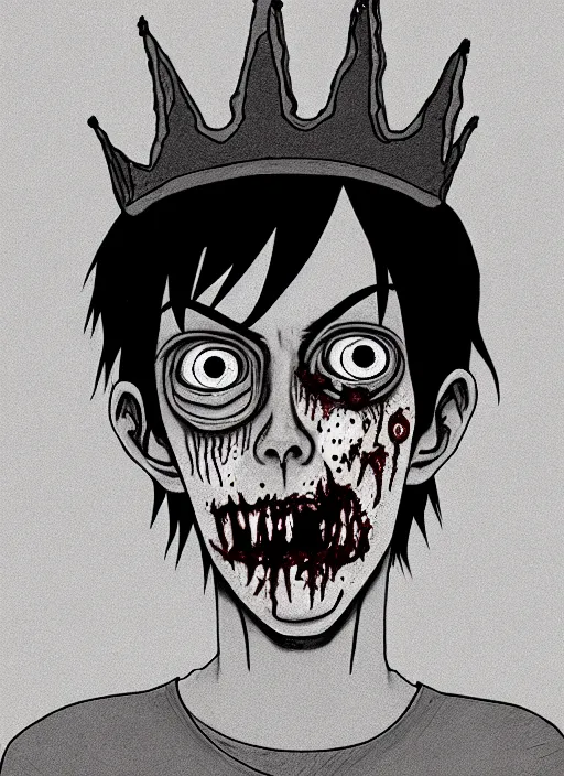 Image similar to junji ito style portrait of zombie teenage jughead jones wearing a light grey crown, zombie, crown, rotting skin, blind eyes, white eyes, crown, black hair, intricate, highly detailed, illustration, art by junji ito