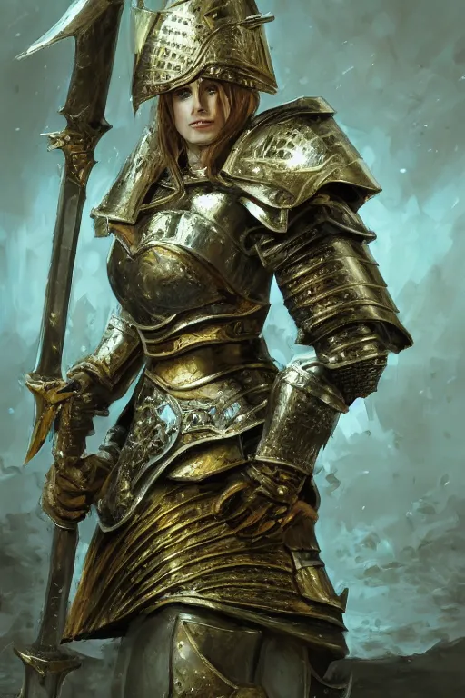 Image similar to highly detailed full body portrait painting of a proud young female knight wearing heavy armour in the style of Warhammer Fantasy by Craig Mullins, medium hair, green eyes, earrings, low angle shot, highly detailed, trending on artstation, cgsociety, 4k, 8k, HDR, octane render, unreal engine