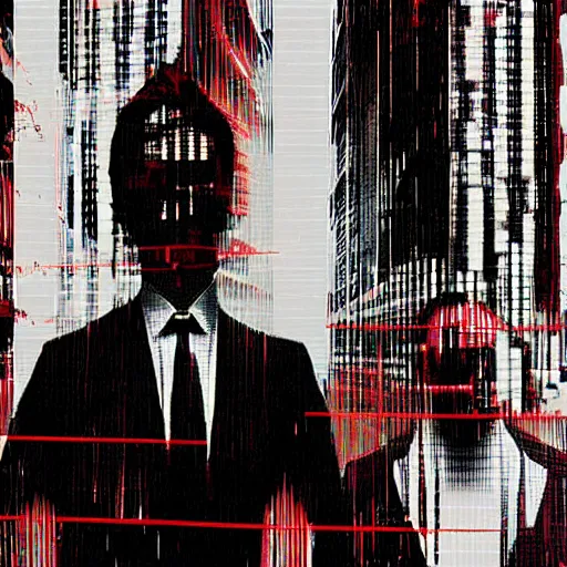 Image similar to a scene from the movie american psycho, glitch art