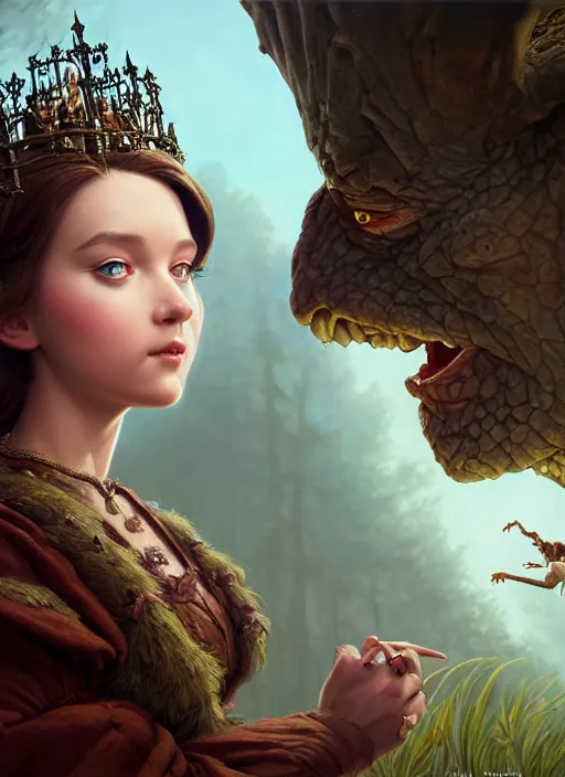 Image similar to highly detailed closeup portrait of a fairytale princess with a medieval goblin, stephen bliss, unreal engine, greg rutkowski, ilya kuvshinov, ross draws, hyung tae and frank frazetta, tom bagshaw, tom whalen, nicoletta ceccoli, mark ryden, earl norem, global illumination, god rays, detailed and intricate environment