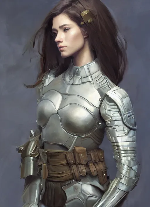 Image similar to a professional painting of a beautiful young female, clothed in military armor, olive skin, long dark hair, beautiful bone structure, symmetrical facial features, intricate, elegant, digital painting, concept art, smooth, sharp focus, illustration, from Metal Gear, by Ruan Jia and Mandy Jurgens and Artgerm and William-Adolphe Bouguerea