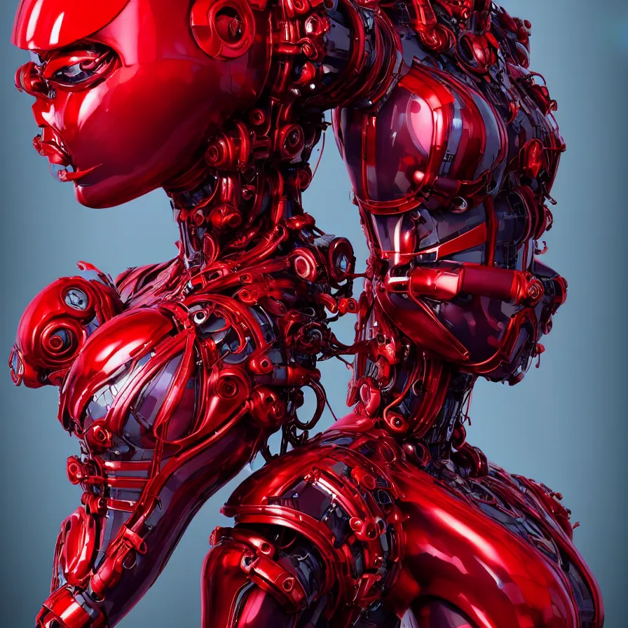 Prompt: portrait, super hero pose,! woman! red biomechanical dress, inflateble shapes, wearing epic bionic cyborg implants, masterpiece, intricate, biopunk futuristic wardrobe, highly detailed, art by akira, mike mignola, artstation, concept art, background galaxy, cyberpunk, octane render