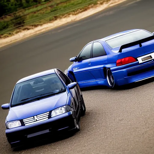 Image similar to Peugeot 406 street racing a Nissan R-32 GTR, hyper realistic, car photography, 8k