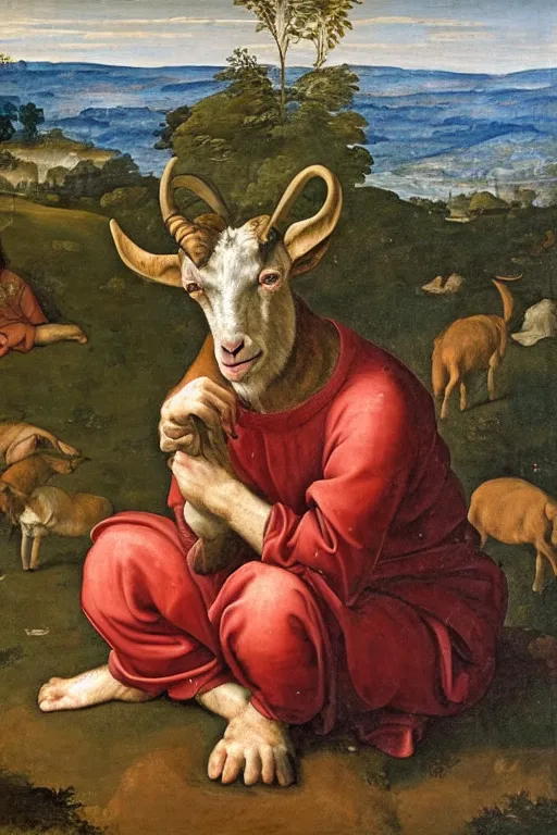 Prompt: renaissance painting of a goat headed man sitting in the countryside