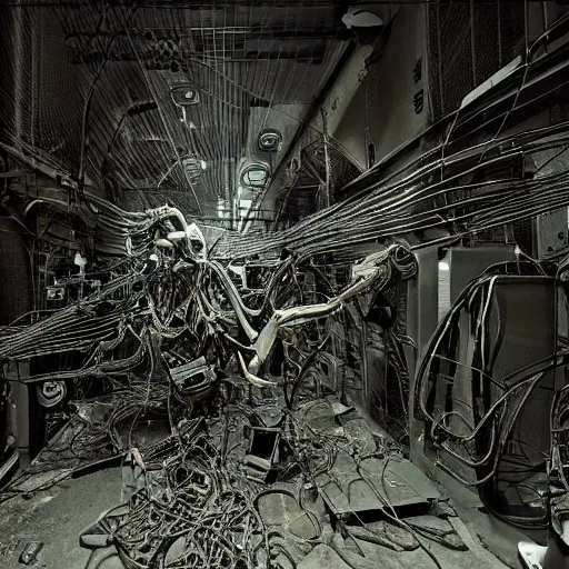 Prompt: a biomechanical cybergoth of dust and ash and wires in a dark grimy bleak room, low key