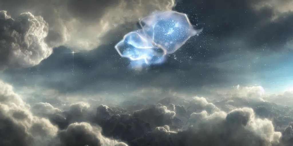 Image similar to Cosmic inflation bubbles peaking through the clouds clouds, concept art, matte painting, 8k, highly detailed, artstation, fluffy clouds, high quality,