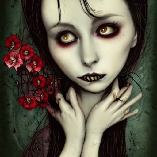 Image similar to a sensual serious gothic vampiress with decaying flowers and a quirky smile, pale with small mouth but exhuberant lips, round beautiful oval shape and big expressive eyes by benjamin lacombe