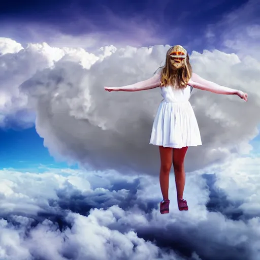 Prompt: goddess wearing a cloud fashion on the clouds, photoshop, colossal, creative, giant, digital art, photo manipulation, clouds, sky view from the airplane window, covered in clouds, girl clouds, on clouds, covered by clouds, a plane