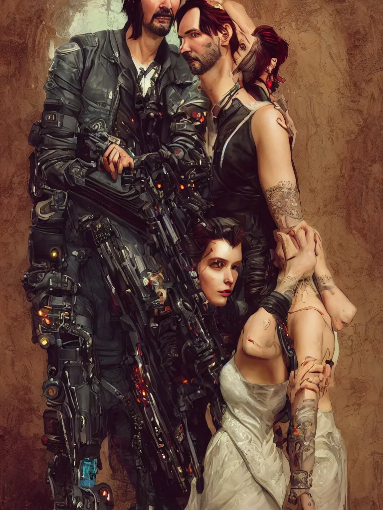 Image similar to a cyberpunk 2077 wedding couple portrait of Keanu Reeves and V in love story,pray,hug,hold,kiss,film lighting,by Lawrence Alma-Tadema,Andrei Riabovitchev,Laurie Greasley,Dan Mumford, John Wick,Speed,Replicas,artstation,deviantart,FAN ART,full of color,Digital painting,face enhance,highly detailed,8K,octane,golden ratio,cinematic lighting, no extra heads, no extra people