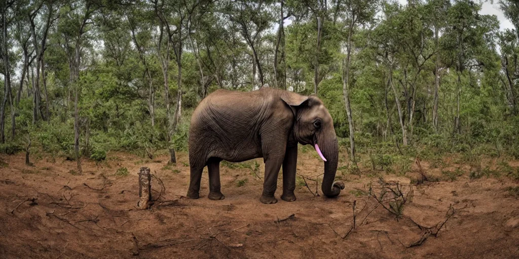 Prompt: a forest of trees growing from the spine of an elephant, in the background is a barren landscape filled with tree stumps recently cut down, sad, lonely, wide angle photo, in the style of a nature documentary