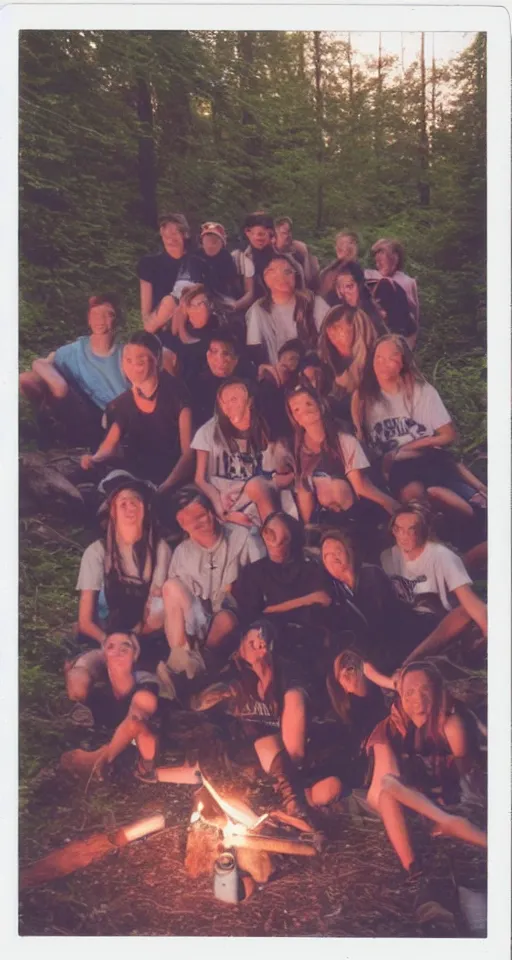 Image similar to polaroid photo of 9 0's highschool teenagers camping in the woods by a river, sunset, campfire, realistic, grainy image, iso 1 6 0 0