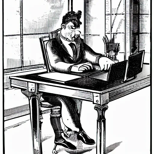 Image similar to typerwriter on a desk, Harry Volk clip art style, black and white Volk line art, illustration