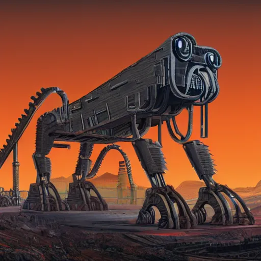 Prompt: giant scary quadrupedal mining machine, four legs, highly detailed body, industrial, in the style of simon stalenhag