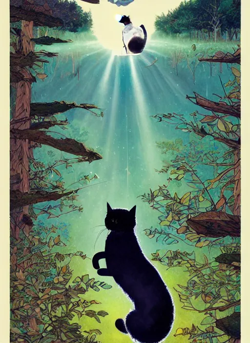 Image similar to a hyper realistic ink cat and the meaning of life and sunbeams blue sky, lush forest poster art by chiara bautista and kim jung giu and norman rockwell and greg rutkowski weta studio, and lucasfilm