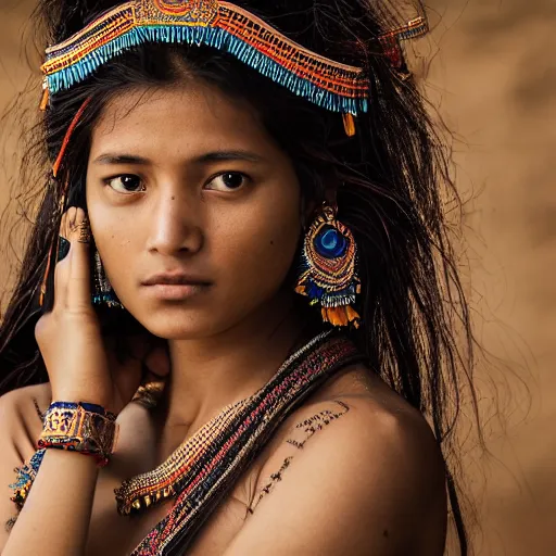 Image similar to portrait of a stunningly beautiful alluring nepalese tribal female, depth of field, zeiss lens, detailed, symmetrical, centered, fashion photoshoot, by annie leibovitz and steve mccurry, david lazar, jimmy nelsson, breathtaking, 8 k resolution, extremely detailed, beautiful, establishing shot, artistic, hyperrealistic, beautiful face, octane render