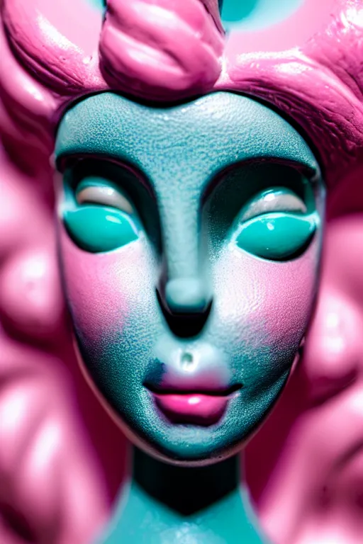 Prompt: hyperrealistic very detailed profile of rococo female face with pink eyes and mechanical mouth tjalf sparnaay very soft dark teal lighting wide angle 35mm shallow depth of field 8k