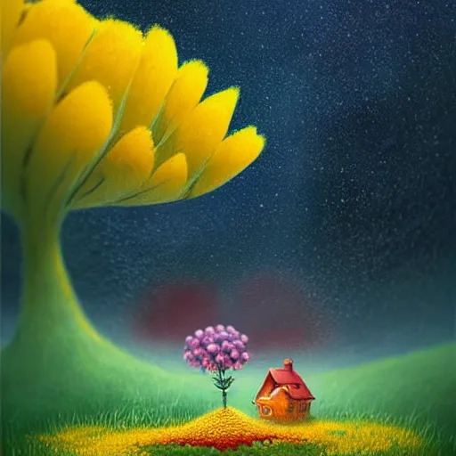 Image similar to by Gediminas Pranckevicius, Not often, but occasionally. A star is born in a flower. Nestled in a soft bed of pollen and petals it can grow in the most unlikely of places. Just waiting for a lucky creature to find it,night star sky background Galaxys, red and yellow flower