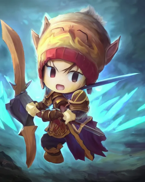 Image similar to oil painting of a cute chibi MapleStory warrior,, attacking, casting a spell with a spear, wearing a MapleStory warrior outfit, sharp focus, fantasy style, octane render, volumetric lighting, 8k high definition, by greg rutkowski, highly detailed, trending on artstation, magic the gathering artwork, Perion background from MapleStory, centered