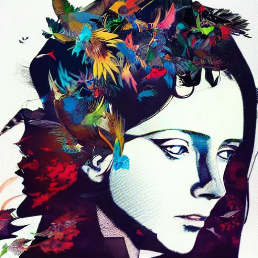 Image similar to portrait of a daydreaming woman being progressively rasterized into pixels, surrounded by digital birds, by yoji shinkawa, esao andrews and dave mckean