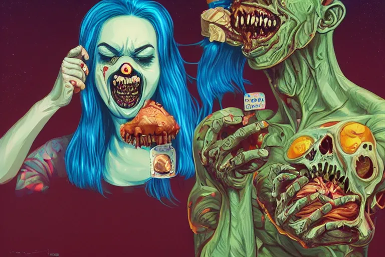 Prompt: a happy zombie eating a chocolate brain, Tristan Eaton, victo ngai, artgerm, RHADS, ross draws