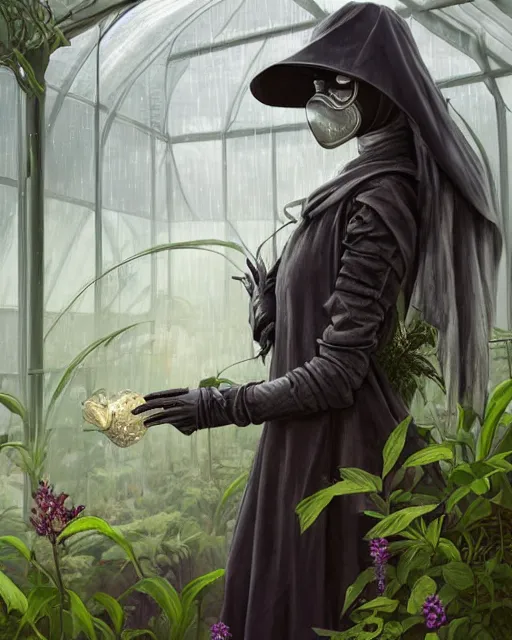 Image similar to portrait of a female plague doctor in a botanical greenhouse, heavy rain outside, wind, thunder, reflections, deep focus, d & d, fantasy, intricate, elegant, highly detailed, digital painting, artstation, concept art, matte, sharp focus, illustration, hearthstone, art by artgerm and greg rutkowski and alphonse mucha