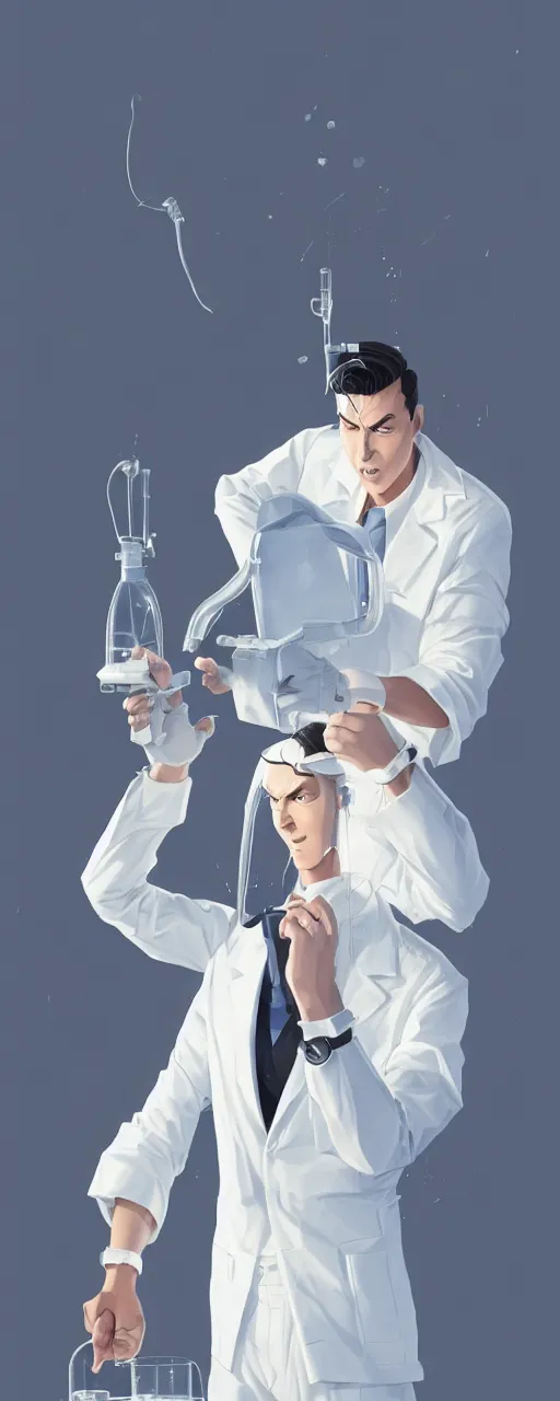 Image similar to tired and dissapointed emotionless butch young man scientist with short slicked - back hair, making an experiment - wearing white suit, wearing jetpack, digital art, rough paper, behance hd by jesper ejsing, by rhads, makoto shinkai and lois van baarle, ilya kuvshinov, rossdraws global illumination.