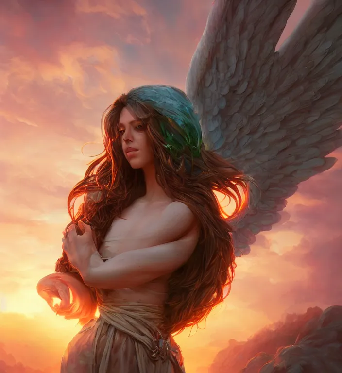 Image similar to centered waist up portrait photography an angel + bokeh + DOF + 8k, photorealistic + rendered in unreal engine + colors and composition by Peter Mohrbacher + line work by Dan Mumford , ultra realistic + backlit + strong rimlight, sunset + HDRI, HD, Photoreal