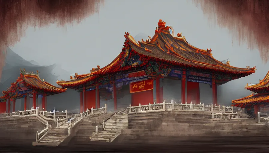 Prompt: enviroment concept art of chinese temple by jama jurabaev, cinematic shot, brush hard, artstation, for aaa game, high quality, brush stroke