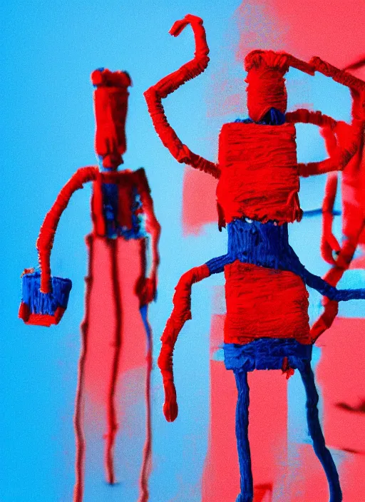 Image similar to room full of giant blue and red people made out of pipecleaners in a baroque style of Jean-Michel Basquiat, 3D cinematic lighting, spotlight at a 90 DEGREE ANGLE, photorealism, octane render, depth of field, 8k, 35mm, artgem, Trending on artstation