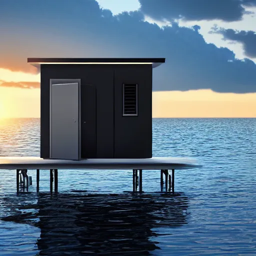 Image similar to a bathroom stall floating in the middle of the ocean, sunset, beautiful, ultra realistic digital art, 4k, cgsociety, HDR, Intricate